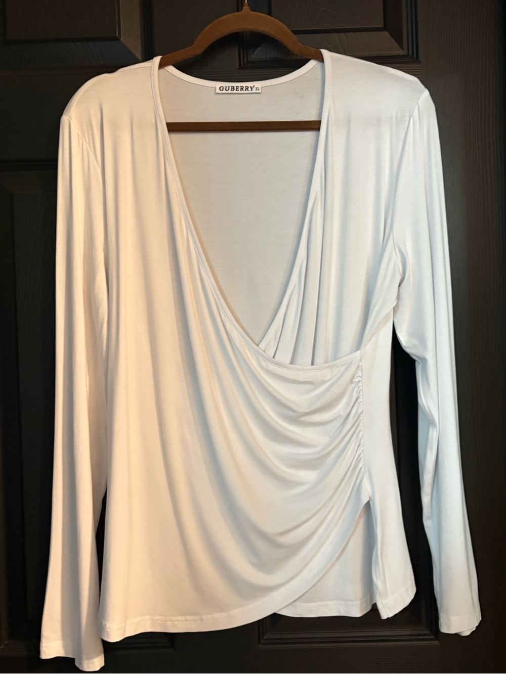 Guberry White Draped Surplice Long Sleeve Top